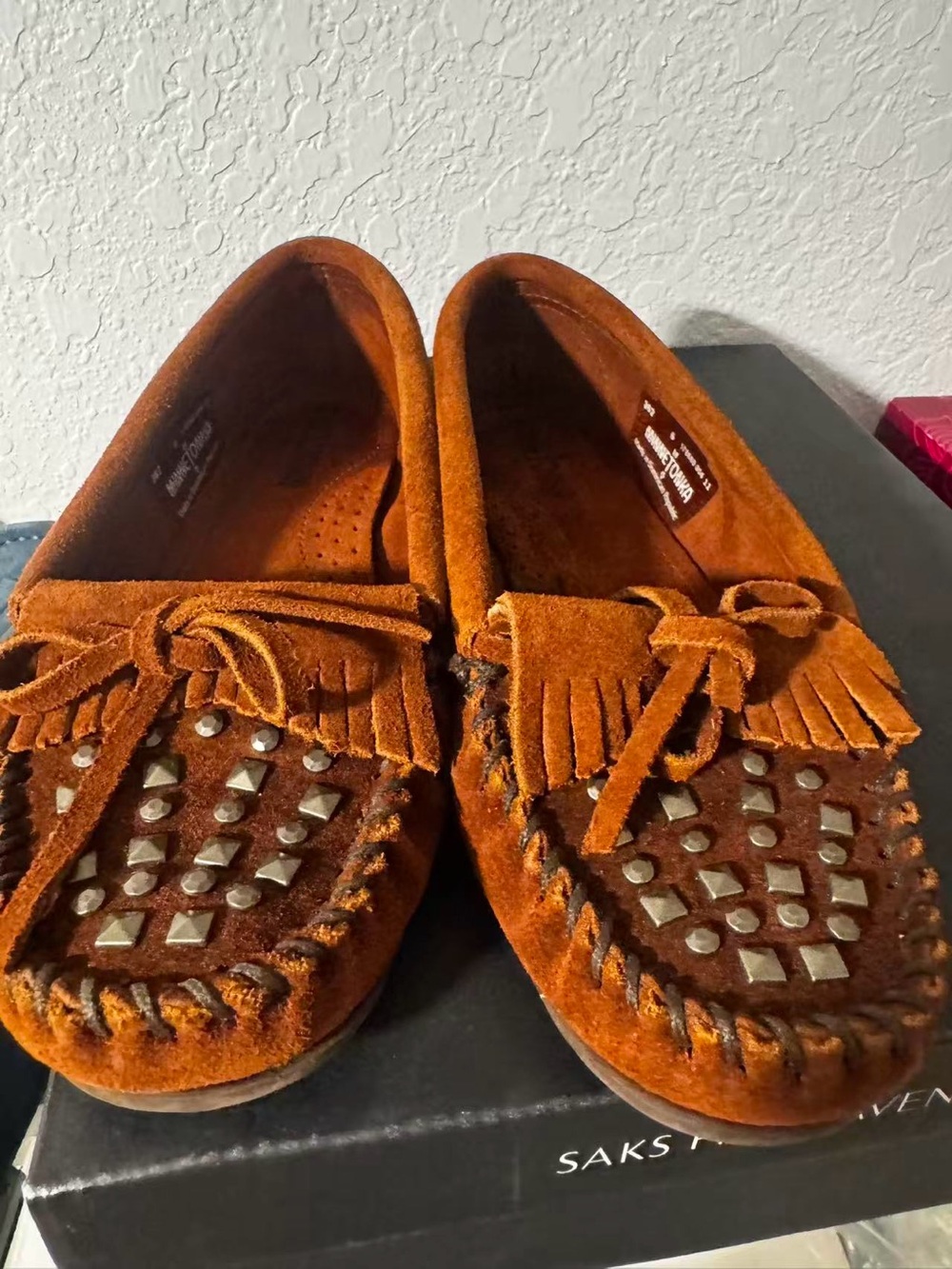 Minnetonka Rust Orange Suede Tassel Moccasins with Studs